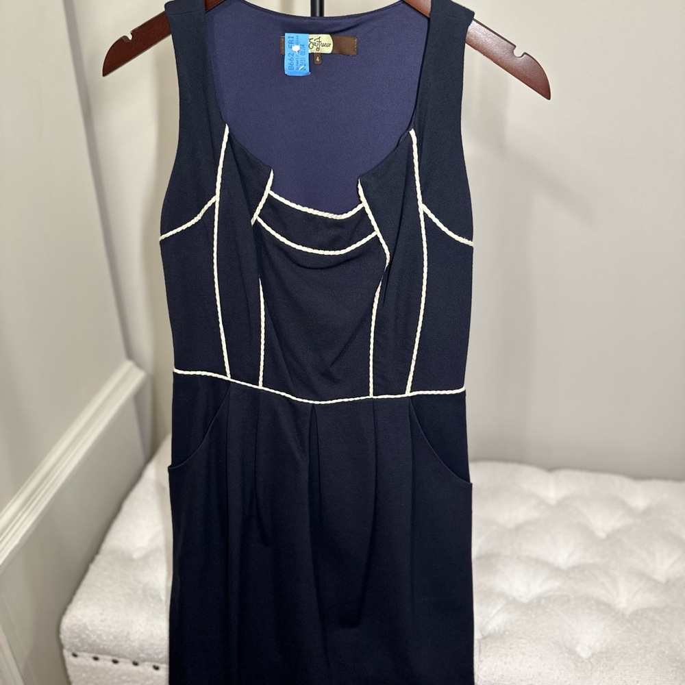 Eva Franco Navy Blue Dress with Cream Accents